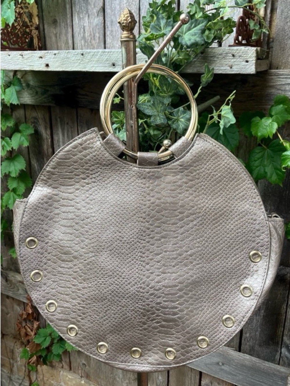Round Metallic Taupe Crossbody with Gold Ring Handles